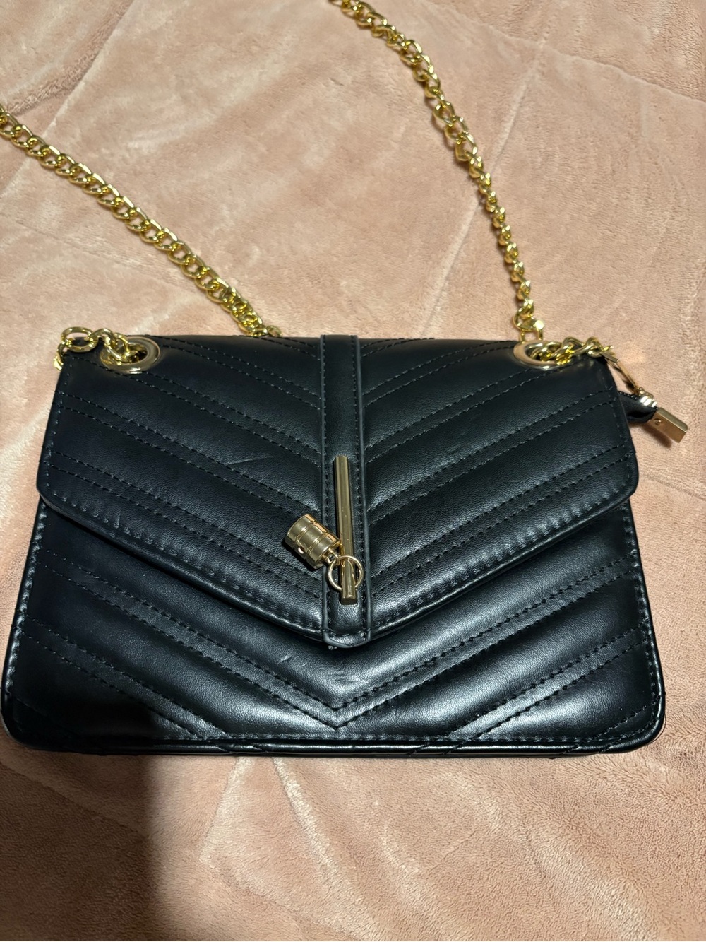 Black Quilted Chain Shoulder Bag with Gold Hardware